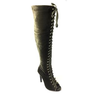 Olive Green Crushed Velvet High Heel Lace Up Thigh High Boots